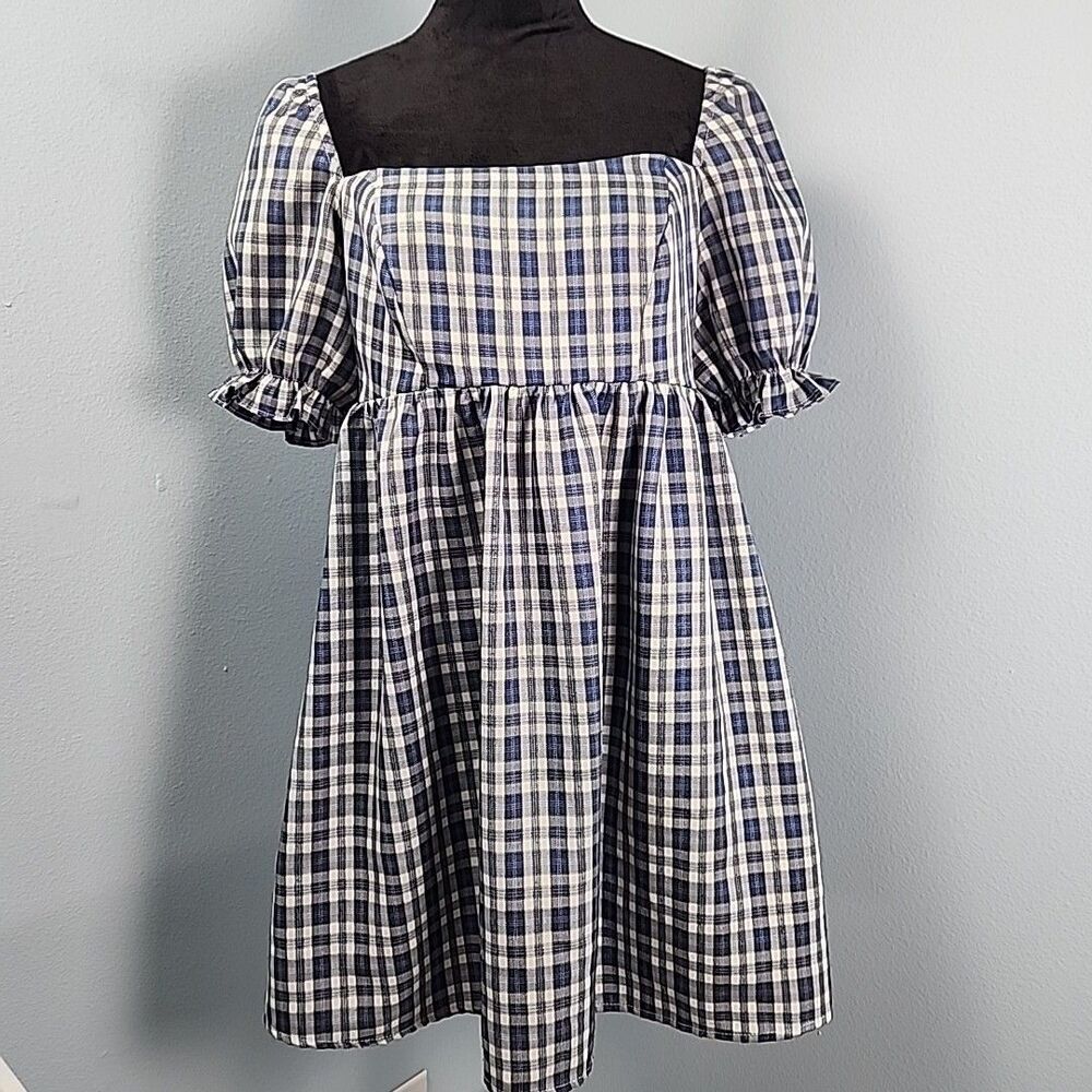 City Vibe Gingham Mini Dress Medium Juniors Short Puff Sleeve Babydoll